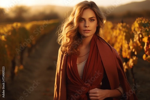 An elegant woman in a rust-colored dress and scarf, standing amidst a rustic vineyard during the golden hour