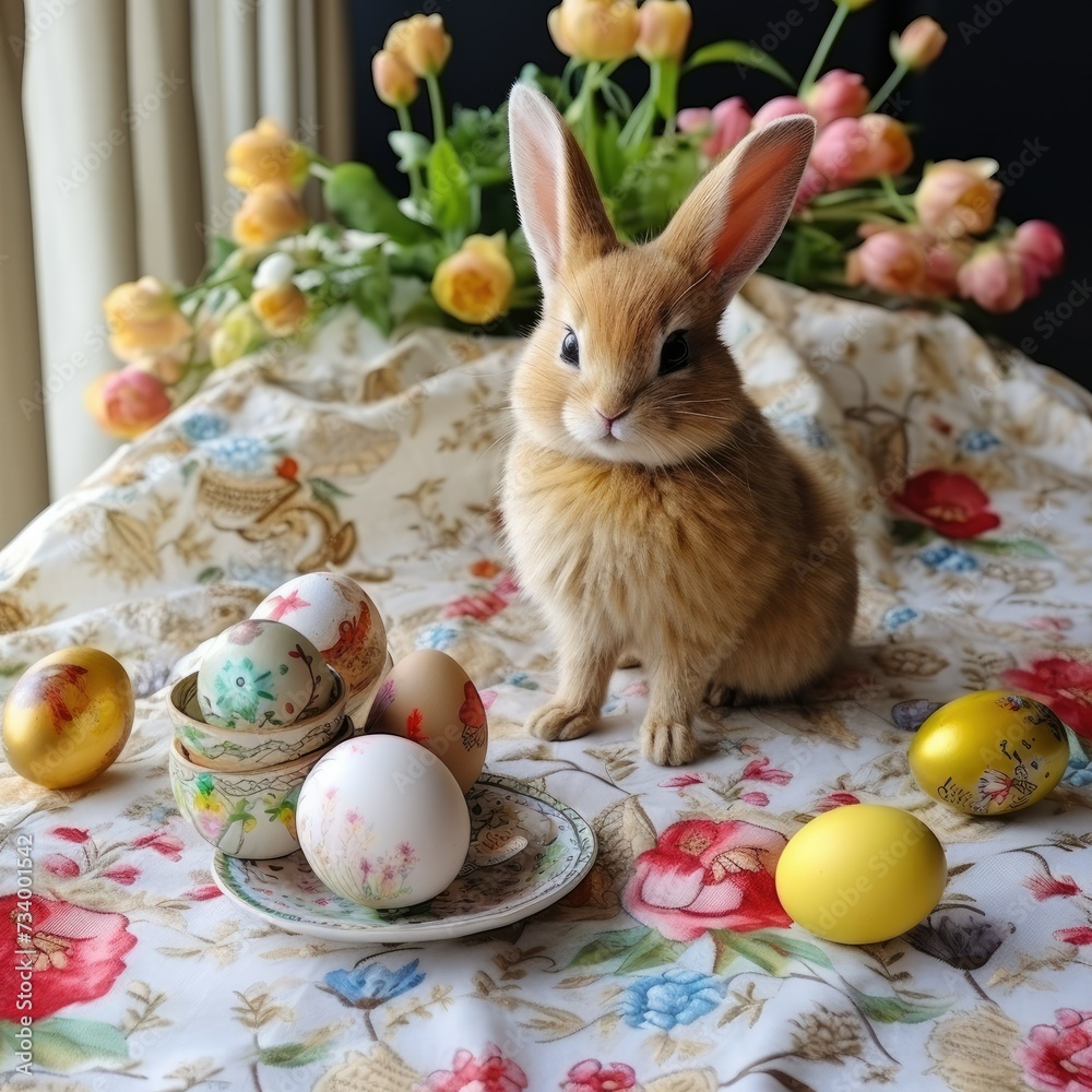 on the festive tablecloth there is an Easter bunny and Easter eggs. Candles, flowers, festive atmosphere. Printing on paper, fabric, gift packaging.