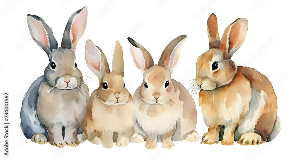 Group of rabbits on white background watercolor illustration