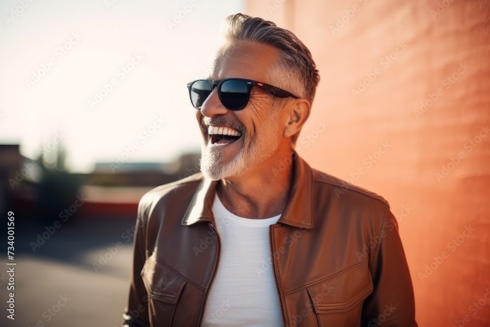 Portrait of a handsome middle-aged man in sunglasses. Men's beauty, fashion. - obrazy, fototapety, plakaty 