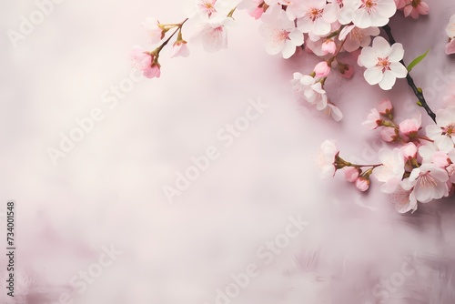 A high-resolution photo featuring top view of cherry blossoms on a soft pastel backdrop  ready for text overlay.