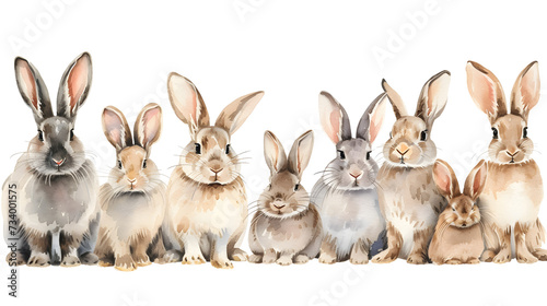 Group of rabbits on white background watercolor illustration