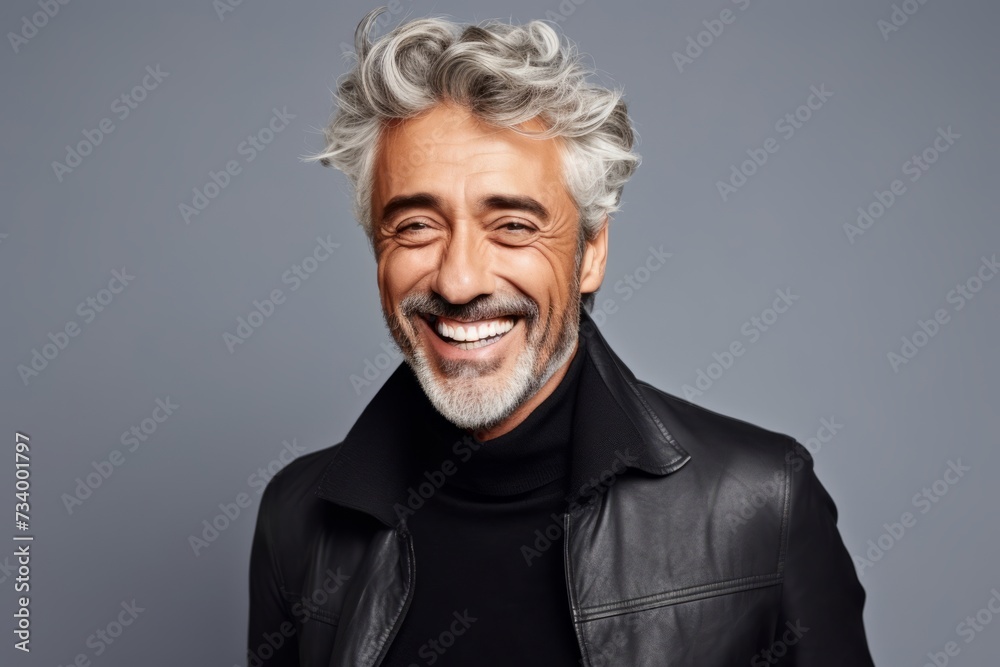 Portrait of a happy senior man in black leather jacket and gray hair.