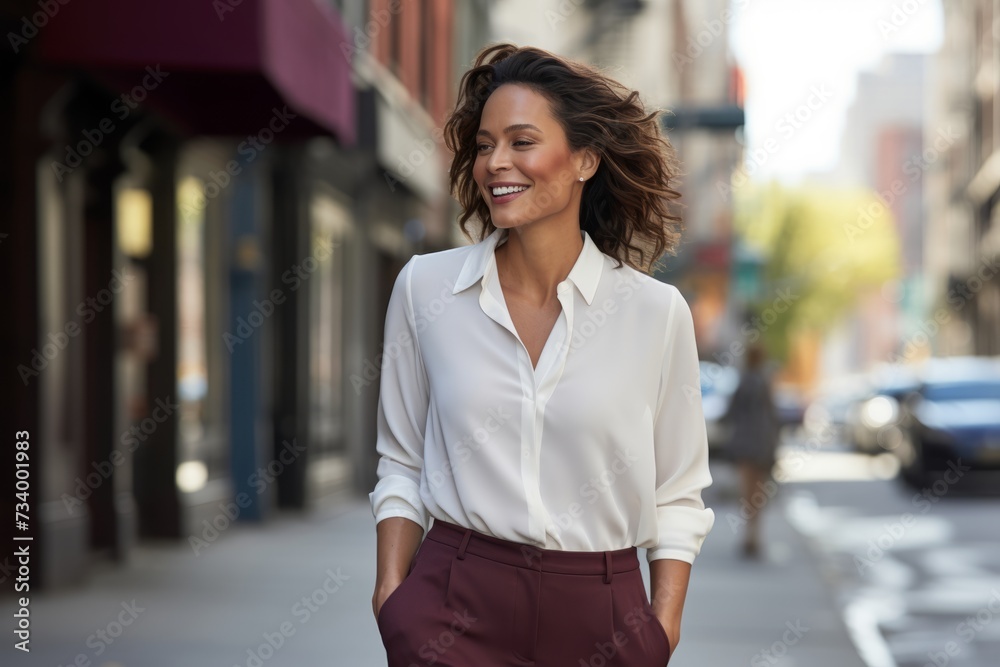 In the heart of the city, a woman in her mid-thirties shines in her burgundy pants and white blouse, embodying urban chic