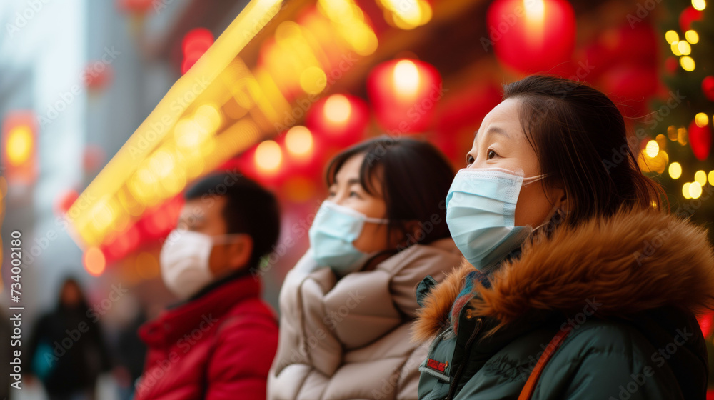 A group of people with face masks watch a Lantern Festival celebration, bright red lanterns glowing in the background