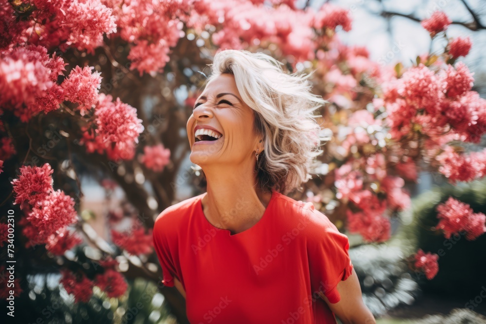 A cheerful woman dressed in a red polo tee, soaking up the sun in a vibrant city park filled with people and flowers A cheerful woman dressed in a red polo tee, soaking up the sun in a vibrant city park filled with people and flowers