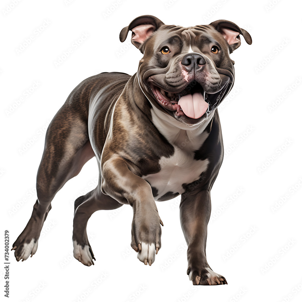 American Bully dog running happily on PNG transparent background.