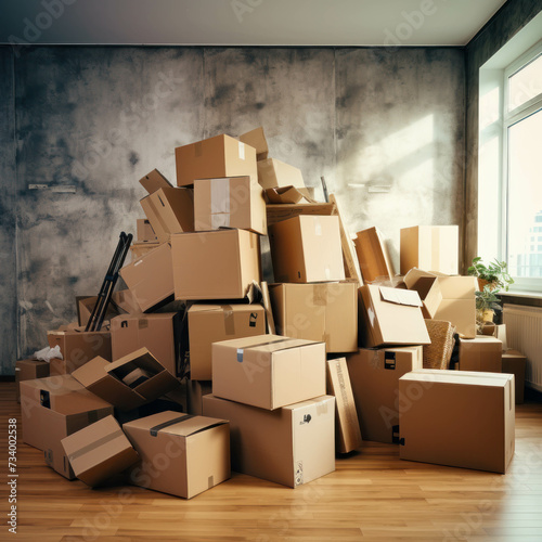 Moving essentials: cardboard boxes against the backdrop of a new house. AI generative. photo