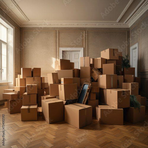 Background of cardboard boxes, representing moving into a new home. AI generative. © น้ำฝน สามารถ