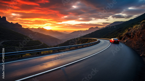 Rental car in Spain mountain landscape, road at su.