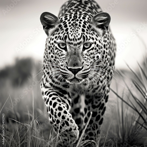 Monochrome image of a majestic leopard roaming the African savannah. AI generative.