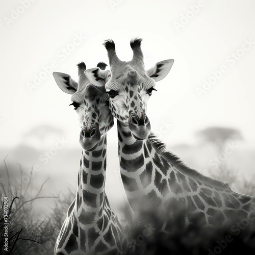 Wildlife photography featuring an adorable giraffe pair roaming the savannah. AI generative. photo