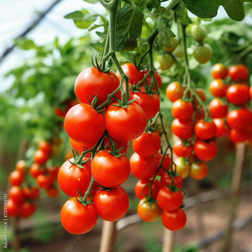Organically grown ripe tomatoes cluster in greenhouse. AI generative.