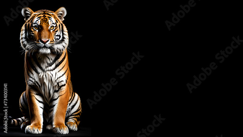 full-body portrait of an attractive tiger isolated on a solid black background