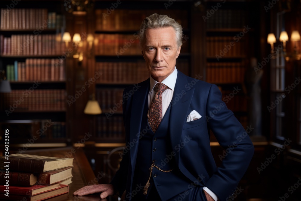 A man in a striking blue suit and a white silk tassel scarf, exuding sophistication amidst an ancient library setting A man in a striking blue suit and a white silk tassel scarf, exuding sophistication amidst an ancient library setting