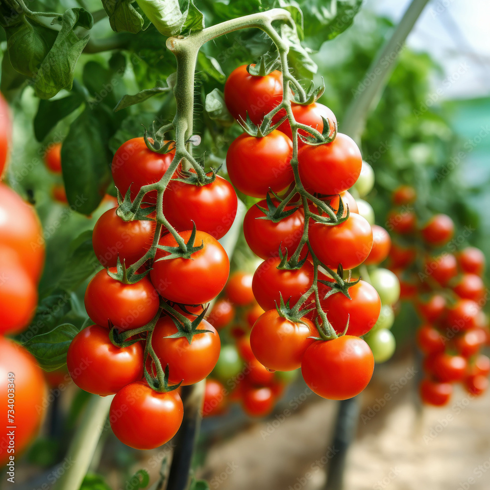 Vibrant red tomatoes grown in greenhouse, symbolizing organic agriculture. AI generative.