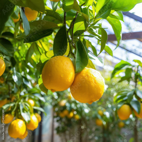 Fresh harvest of ripe yellow lemons on a tree in greenhouse. AI generative. photo
