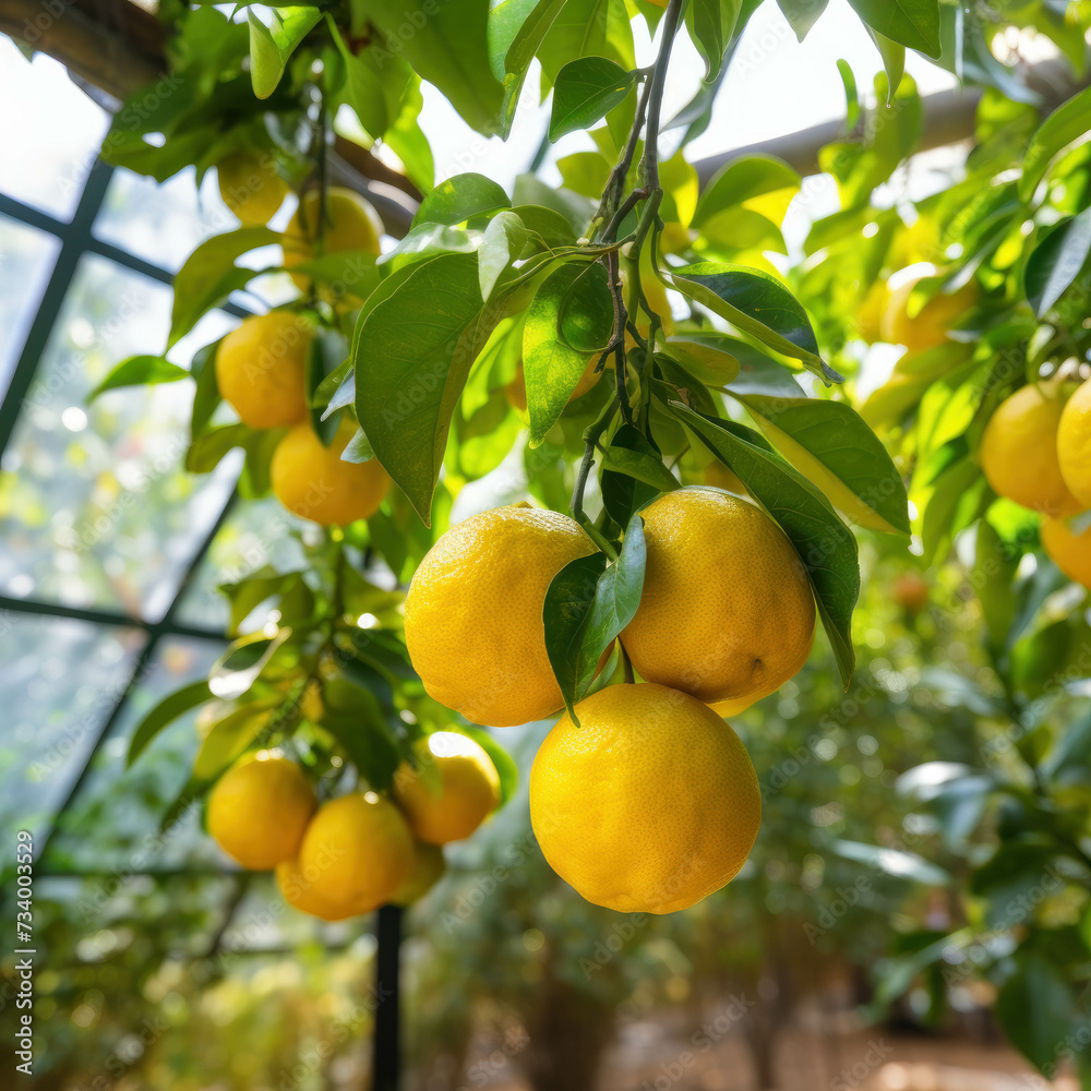 Healthy lemon plantation in a greenhouse, abundant with ripe yellow lemons. AI generative.