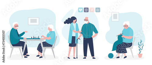 Set of medical care of elderly people. Old people enjoying time together in nursing home or clinic. Social worker care of seniors, nurse service.