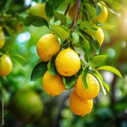 Lush lemon tree bearing ripe yellow fruits in a greenhouse setting. AI generative. photo