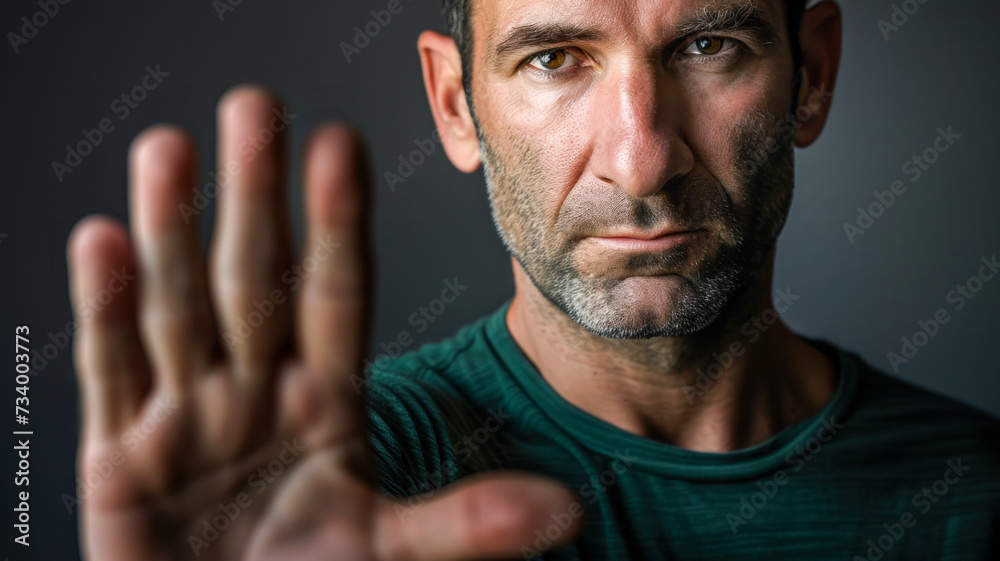 Senior man making a stop gesture with his hand, studio shot with gray background - obrazy, fototapety, plakaty 