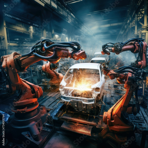 Robotic arms engaged in the welding process within a bustling car manufacturing plant. AI generative.