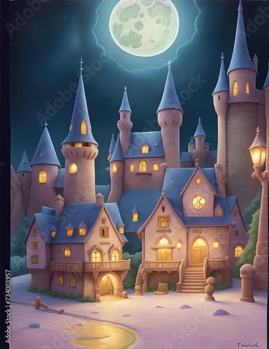Illustration of a fairy tale castle at night with full moon.