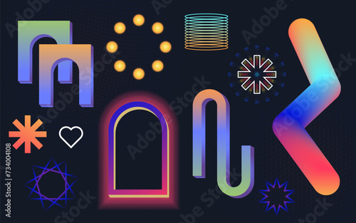 Neo brutalism elements with neon glow. Neo memphis  vaporwave set. Retro futuristic y2k different shapes and figures. Cyber neo futuristic style 80s 90s abstract style isolated on dark