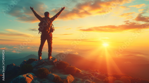 Silhouette of a man with arms raised in triumph on top of a mountain during a vibrant sunset.
