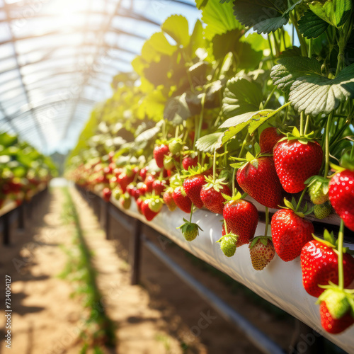 Bountiful harvest of ripe strawberries cultivated in greenhouses, highlighting organic agriculture. AI generative.