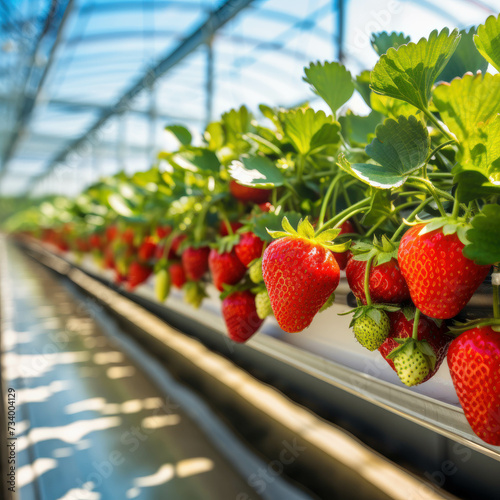 Organically grown strawberries arranged in rows within greenhouses, epitomizing sustainable farming. AI generative.