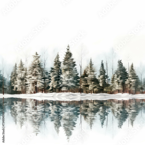 Tranquil winter scene featuring rows of pines covered in snow along the lake edge. AI generative.