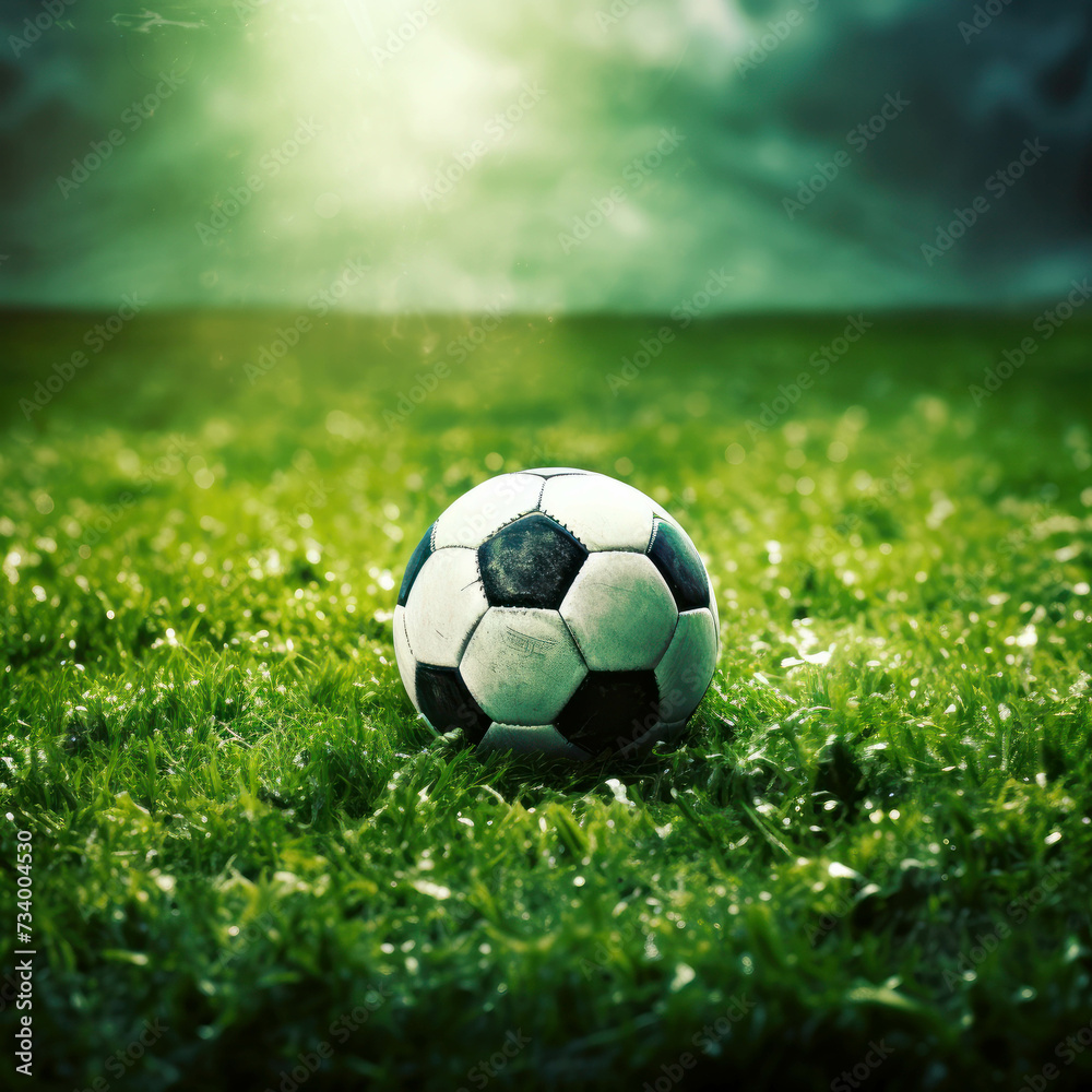 Vibrant soccer field background with ball, capturing the essence of the sport. AI generative.