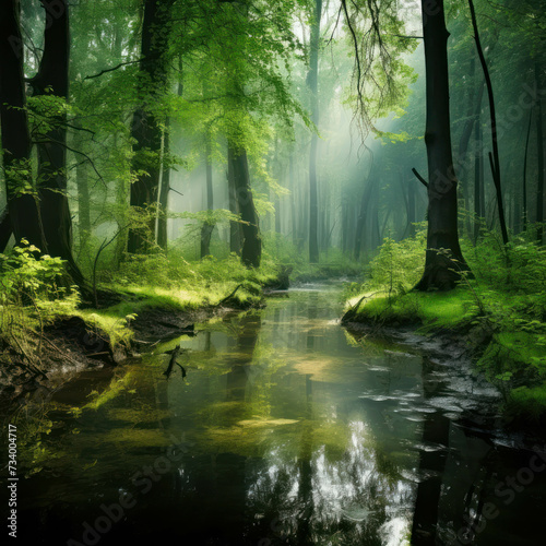 Foggy swamp forest in spring  a serene and peaceful scene amidst nature s embrace. AI generative.