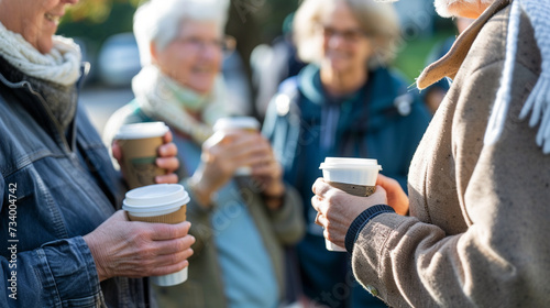 Residents holding coffee cups and conversing in small groups after a formal neighborhood meeting, casual and relaxed, blurred background, care jobs, with copy space