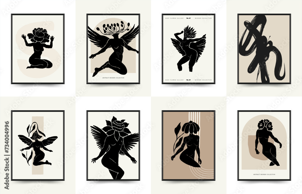 Modern Art Poster with body, women and flower. Matisse Abstract Set, Aesthetic Modern, Boho Decor, Minimalist, Illustration, Vector, Poster, Postcard. Modern Art Poster with body, women and flower. Matisse Abstract Set, Aesthetic Modern, Boho Decor, Minimalist, Illustration, Vector, Poster, Postcard.