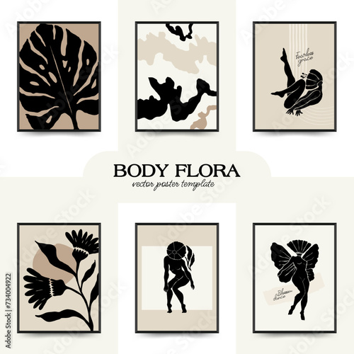 Modern Art Poster with body, women and flower. Matisse Abstract Set, Aesthetic Modern, Boho Decor, Minimalist, Illustration, Vector, Poster, Postcard. 