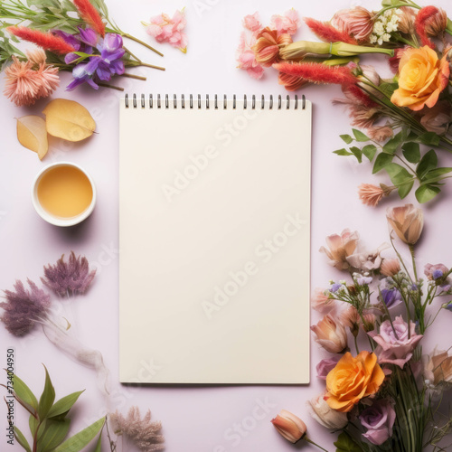 Bright and organized work desk with notepad  stationery  and flowers. Minimalist design with creative elements. AI generative.