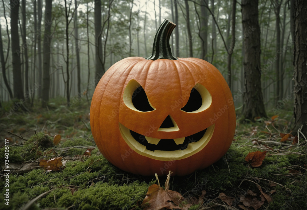 Spooky Jack-o'-lantern in the eerie fall woods Spooky Jack-o'-lantern in the eerie fall woods