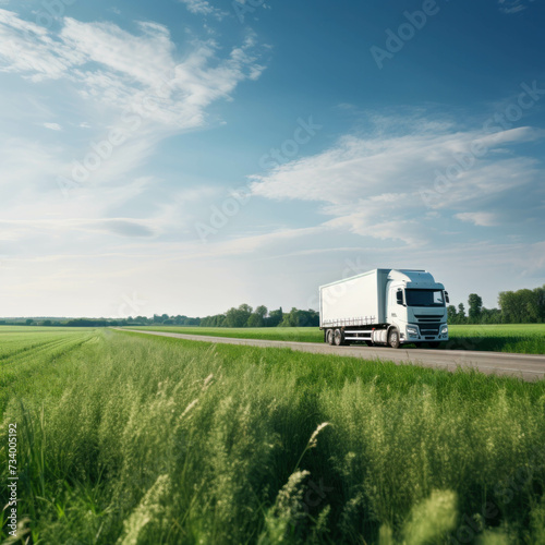 A white truck moves along the road, flanked by a lush green field, depicting transport concept with copyspace. AI generative.