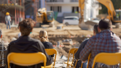 A neighborhood meeting at a local construction site discussing new developments, with construction equipment and structures blurred in the background, care jobs, with copy space