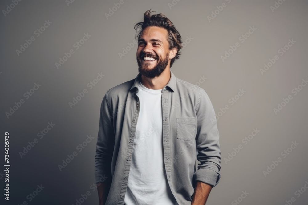 Portrait of a handsome young man laughing against a grey background.