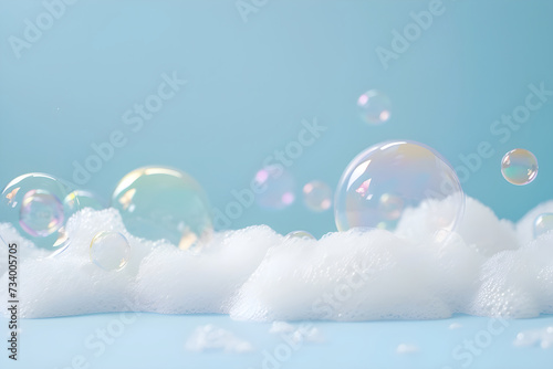 Close up with soap foam and bubbles made of shampoo, lotion, detergent. Macro photo of spume on blue background. Banner with copy space for laundry, cleaning services, beauty, skin care concept