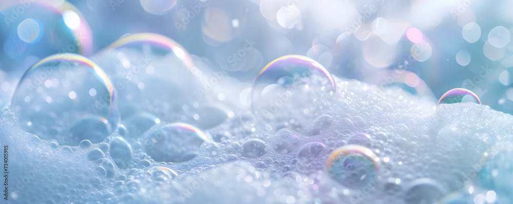 Background with soap foam and bubbles made of shampoo, lotion, detergent. Macro photo of spume in water. Banner with copy space for laundry, cleaning services, beauty, skin care, spa, concept - obrazy, fototapety, plakaty 