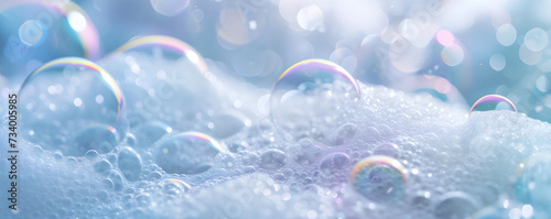 Background with soap foam and bubbles made of shampoo, lotion, detergent. Macro photo of spume in water. Banner with copy space for laundry, cleaning services, beauty, skin care, spa, concept