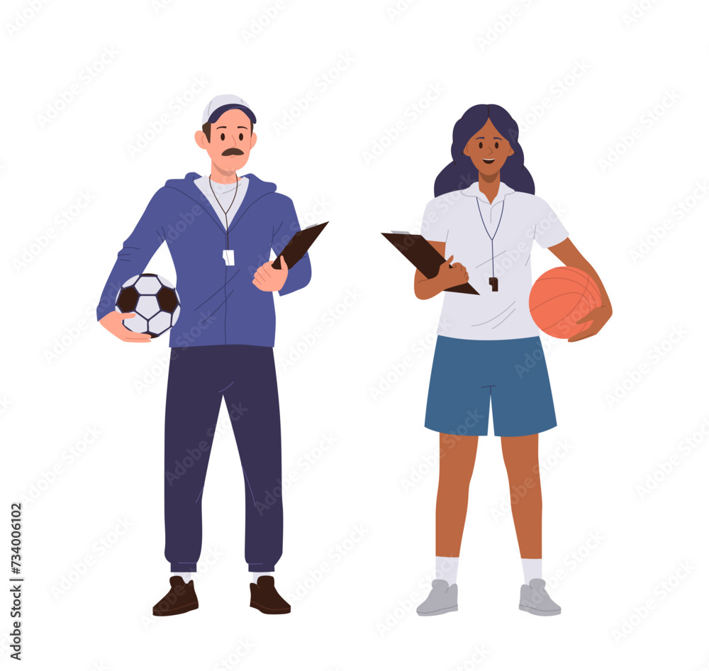 Man and woman sports trainer cartoon characters standing with basketball and volleyball equipment