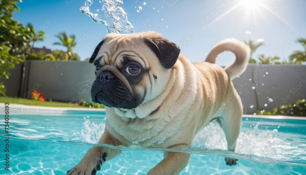 Hilarious pug pup diving underwater in a sunny pool, close-up shot