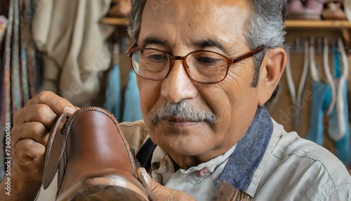 Close-up of an elderly shoemaker in his shop. photo