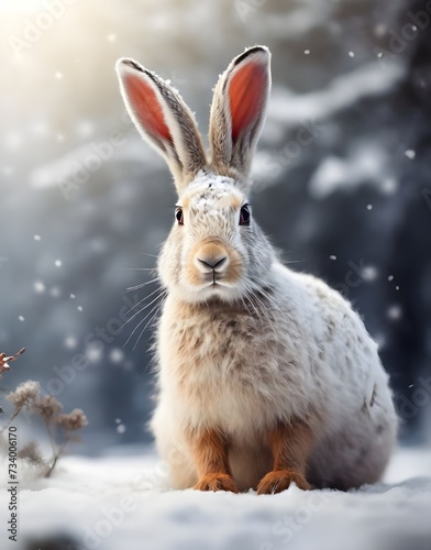 Hare in the background of a winter forest. Generative AI. © Hs 