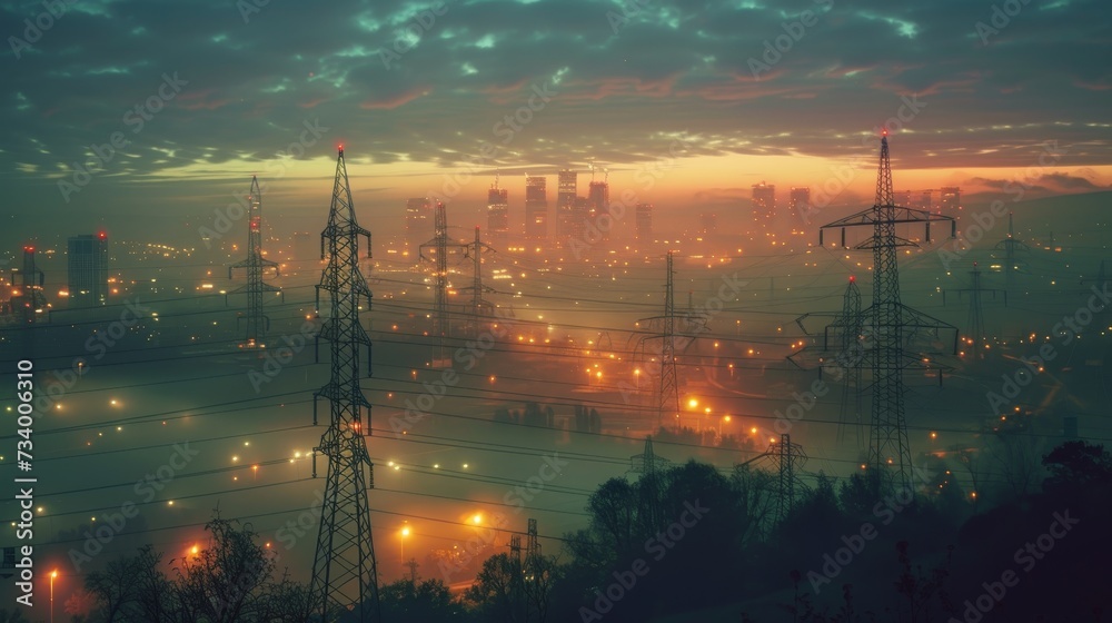 Naklejka premium Investment Sparks: Illuminating the Urban Landscape with Electric Potential